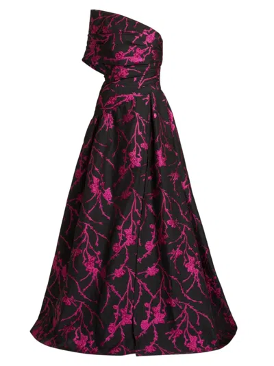 Pamella Roland Floral Fil Coupe Draped One-shoulder Slit Gown In Black Fuchsia