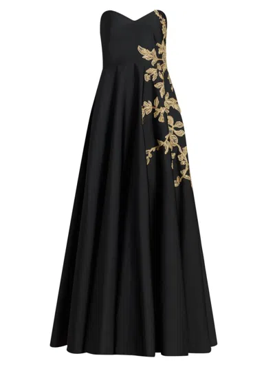 Pamella Roland Women's Raffia Floral-embroidered Faille Strapless Gown In Black