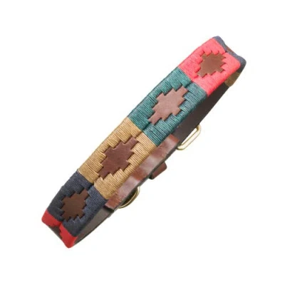 Pampeano Navidad Leather Dog Collar In Brown/gold/navy