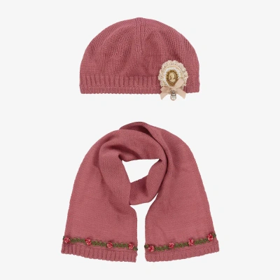 Pan Con Chocolate Babies' Girls Pink Knitted Hat & Scarf Set