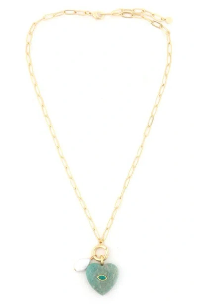 Panacea Amazonite & Freshwater Pearl Pendant Necklace In Gold