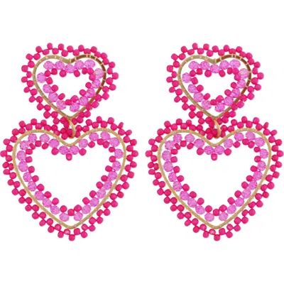 Panacea Beaded Double Heart Drop Earrings In Pink