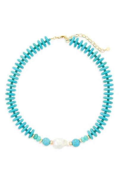 Panacea Beaded Turquoise Disc & Freshwater Pearl Necklace In Blue