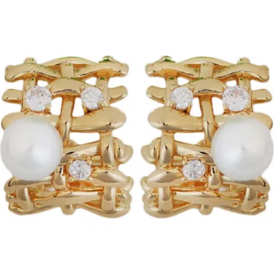 Panacea Crystal & Faux Pearl Hoop Earrings In Gold