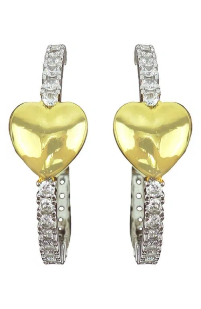 Panacea Crystal & Heart Hoop Earrings In Two Tone