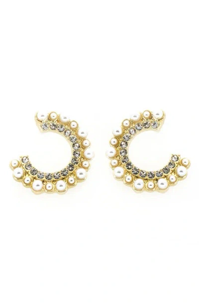 Panacea Crystal & Imitation Pearl Hoop Earrings In Gold