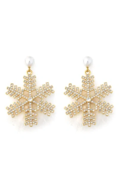 Panacea Crystal Snowflake Feather Drop Earrings In White