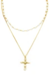 Panacea Faux Pearl & Crystal Cross Pendant Layered Necklace In White