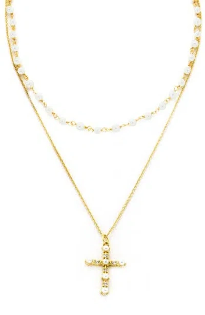 Panacea Faux Pearl & Crystal Cross Pendant Layered Necklace In Gold
