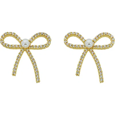 Panacea Faux Pearl Center Crystal Bow Drop Earrings In Gold