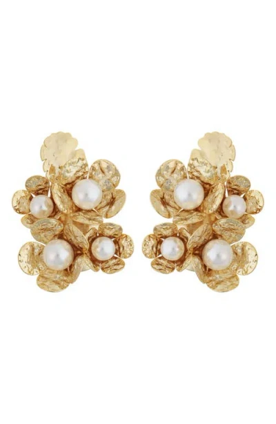 Panacea Faux Pearl Flower Cluster Earrings In Gold