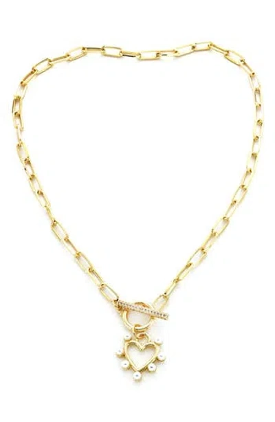 Panacea Faux Pearl Heart Pendant Toggle Necklace In White
