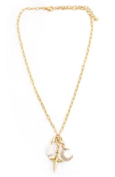 Panacea Faux Pearl, Moon & Star Charm Necklace In Gold