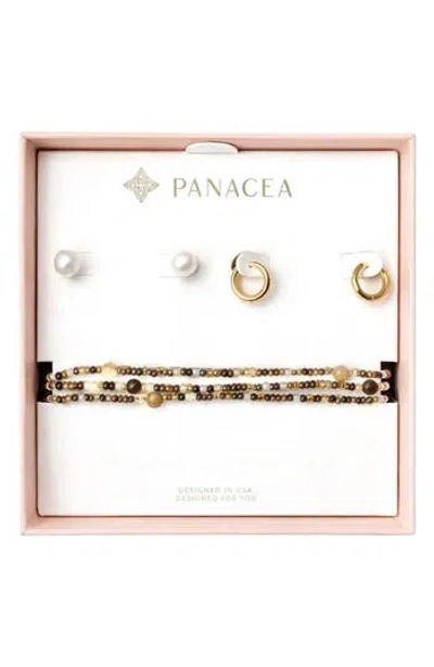 Panacea Faux Pearl Stud, Huggie Hoop Earrings & Beaded Stretch Bracelets Set In Gold