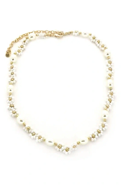 Panacea Floral Seed Bead Imitation Pearl Necklace In Gold