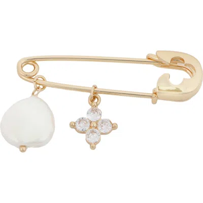 Panacea Freshwater Pearl & Crystal Flower Pin In Gold
