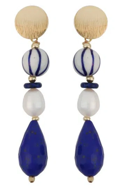Panacea Freshwater Pearl & Stone Beaded Drop Earrings In Blue