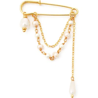 Panacea Genuine Pearl & Faux Pearl Draped Safety Pin Brooch In Gold