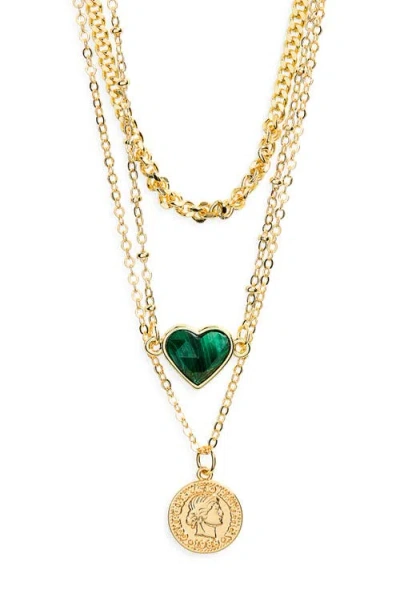 Panacea Heart & Coin Layered Pendant Necklace In Green