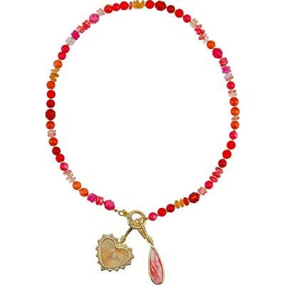 Panacea Heart Charm Beaded Necklace In Orange