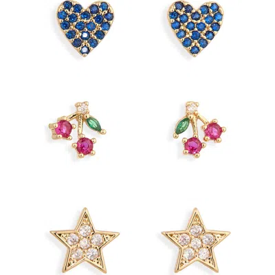 Panacea Heart Cherry & Star Set Of 3 Stud Earrings In Blue