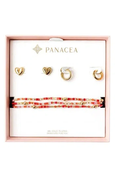 Panacea Heart Stud, Huggie Hoop Earrings & Beaded Stretch Bracelets Set In Gold