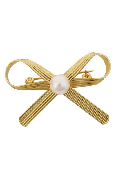 Panacea Imitation Pearl Bow Brooch In Gold