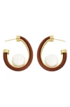 Panacea Leather Faux Pearl Hoop Earrings In Brown