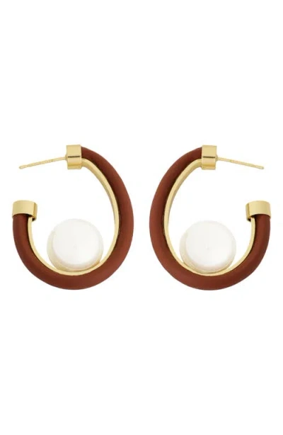 Panacea Leather Faux Pearl Hoop Earrings In Brown