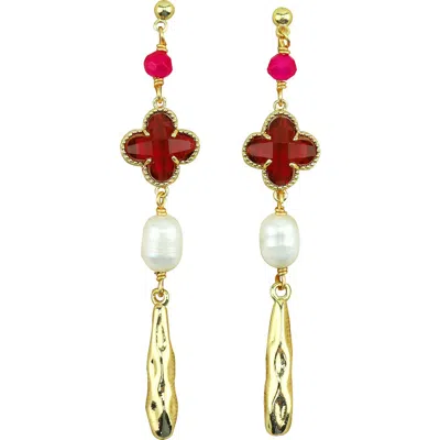 Panacea Magenta Clover & Freshwater Pearl Teardrop Earrings