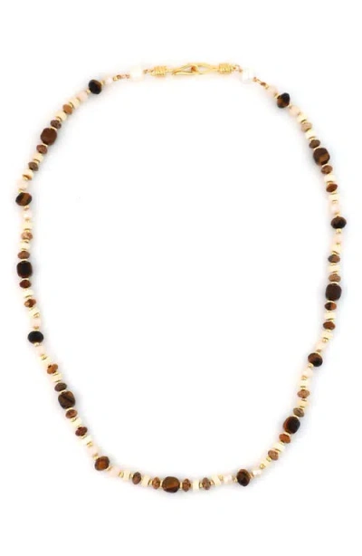 Panacea Mixed Stone & Freshwater Pearl Beaded Necklace In Brown