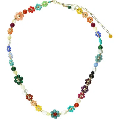 Panacea Multicolor Beaded Flower Necklace In Turquoise Multi