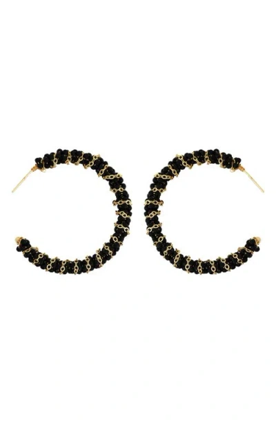 Panacea Onyx Bead & Chain Wrapped Hoop Earrings In Black