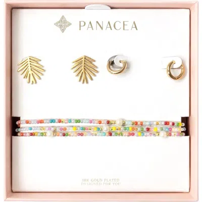 Panacea Palm Leaf Stud, Huggie Hoop Earrings & Beaded Stretch Bracelets Set In Gold