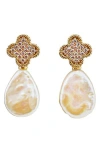 Panacea Pavé Crystal Clover Freshwater Pearl Drop Earrings In White
