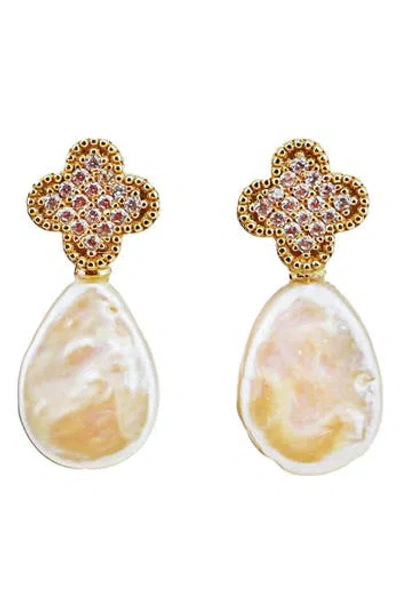 Panacea Pavé Crystal Clover Freshwater Pearl Drop Earrings In Gold