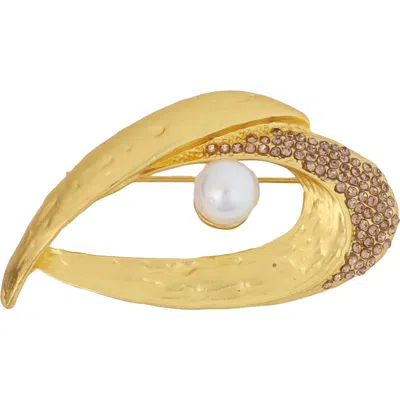 Panacea Pavé Faux Pearl Brooch In Gold
