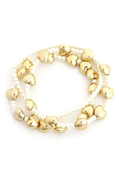 Panacea Puffy Hearts & Faux Pearl Set Of 3 Stretch Bracelets In Brown