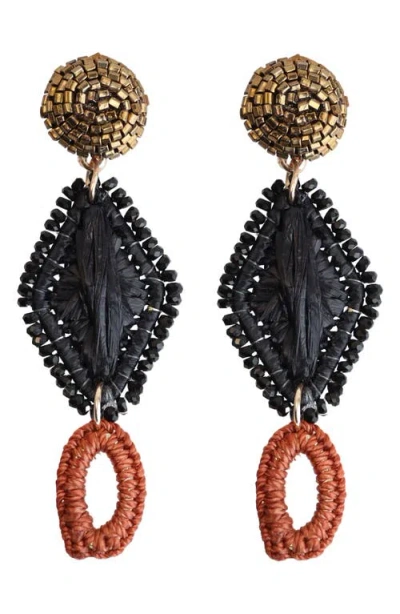 Panacea Raffia & Bead Linear Drop Earrings In Black