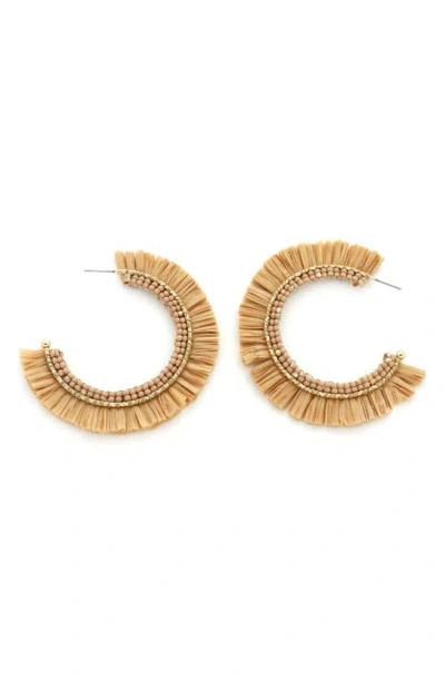 Panacea Raffia Fringe Seed Bead Hoop Earrings In Gold