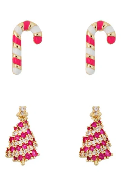 Panacea Set Of 2 Candy Cane & Christmas Tree Stud Earrings In Red