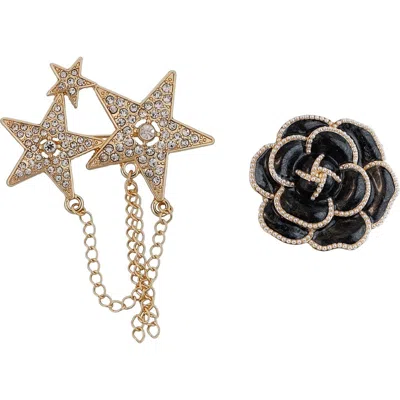 Panacea Set Of 2 Star And Flower Brooches In Black