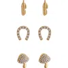 Panacea Set Of 3 Assorted Stud Earrings In Gold