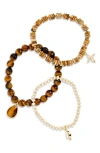 Panacea Set Of 3 Beaded Stretch Charm Bracelets In Brown