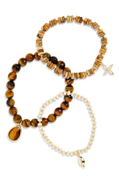 Panacea Set Of 3 Beaded Stretch Charm Bracelets In Brown