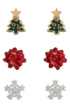 Panacea Set Of 3 Christmas Tree, Bow & Snowflake Stud Earrings In Gold