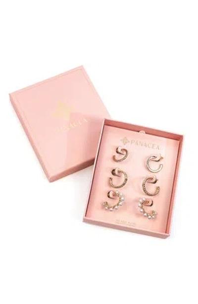 Panacea Set Of 3 Crystal & Faux Pearl Hoop Earrings In Gold
