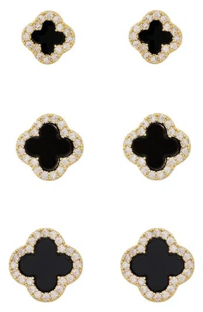 Panacea Set Of 3 Cubic Zirconia Halo Clover Stud Earrings In Gold