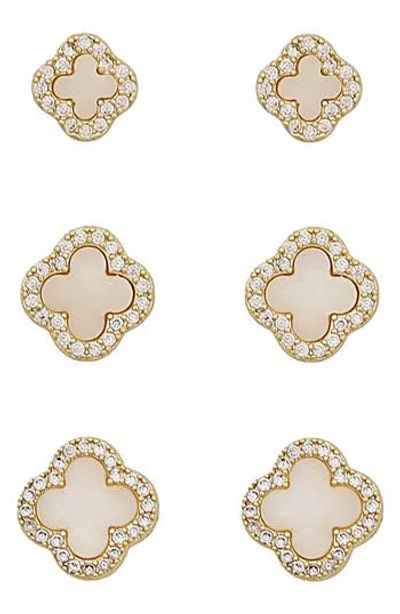 Panacea Set Of 3 Cubic Zirconia Halo Clover Stud Earrings In Gold