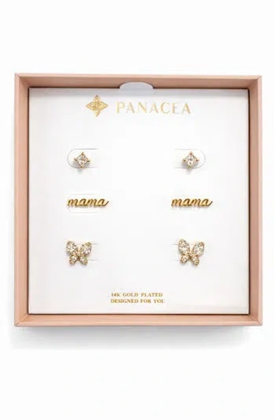 Panacea Set Of 3 Cubic Zirconia Mama Butterfly Stud Earrings In Gold